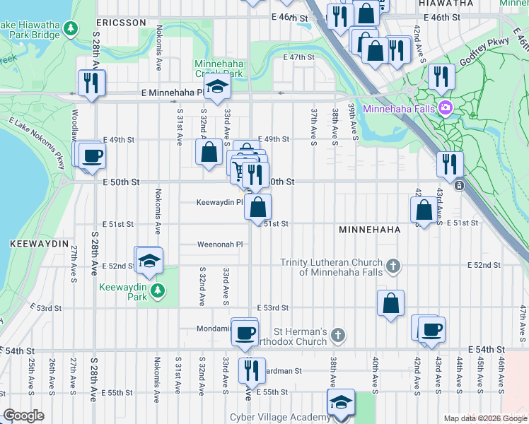map of restaurants, bars, coffee shops, grocery stores, and more near 5032 35th Avenue South in Minneapolis