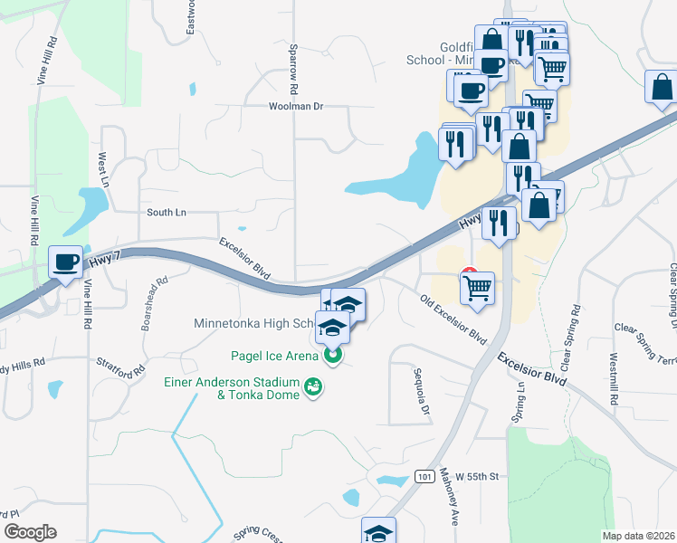 map of restaurants, bars, coffee shops, grocery stores, and more near 18208 Old Excelsior Boulevard in Minnetonka