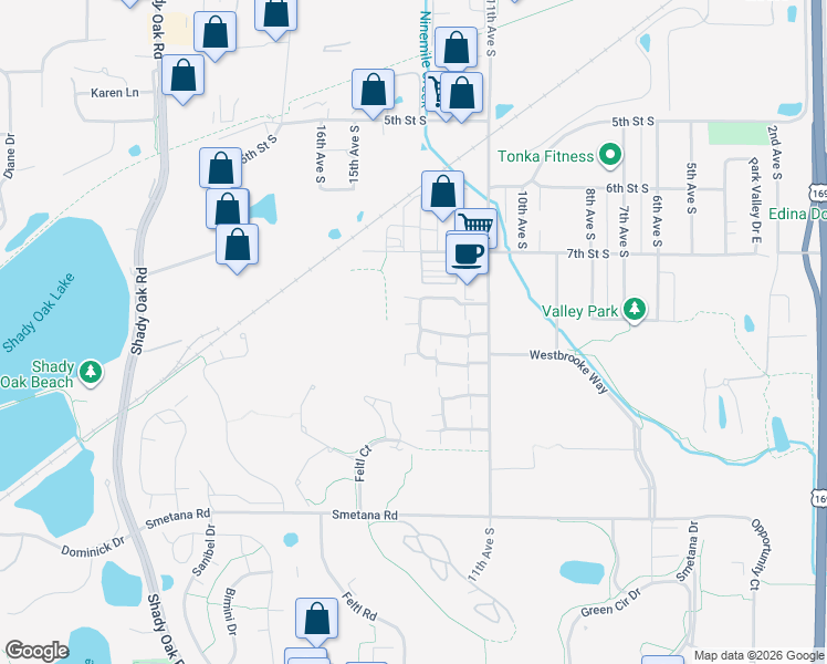 map of restaurants, bars, coffee shops, grocery stores, and more near 1316 Landmark Trail North in Hopkins