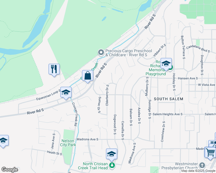 map of restaurants, bars, coffee shops, grocery stores, and more near 3125 Elderberry Drive South in Salem