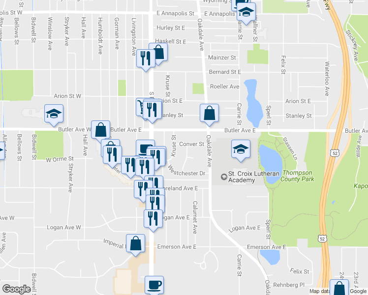map of restaurants, bars, coffee shops, grocery stores, and more near 170 Conver Street in Saint Paul