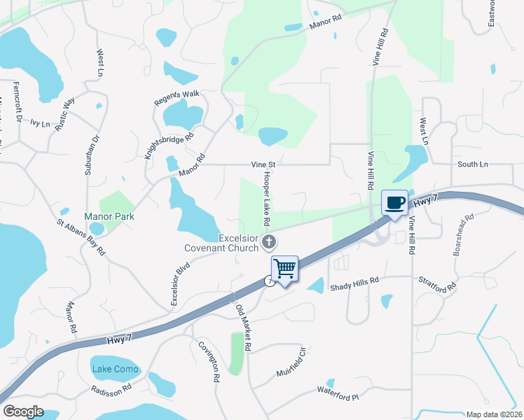 map of restaurants, bars, coffee shops, grocery stores, and more near 5120 Hooper Lake Road in Excelsior