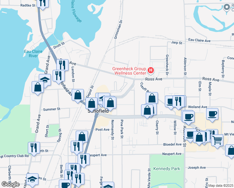 map of restaurants, bars, coffee shops, grocery stores, and more near 1500 Metro Drive in Schofield