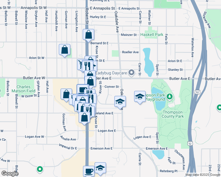 map of restaurants, bars, coffee shops, grocery stores, and more near 170 Conver Street in Saint Paul