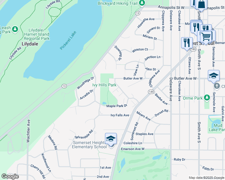 map of restaurants, bars, coffee shops, grocery stores, and more near 1101 Ivy Hill Drive in Mendota Heights