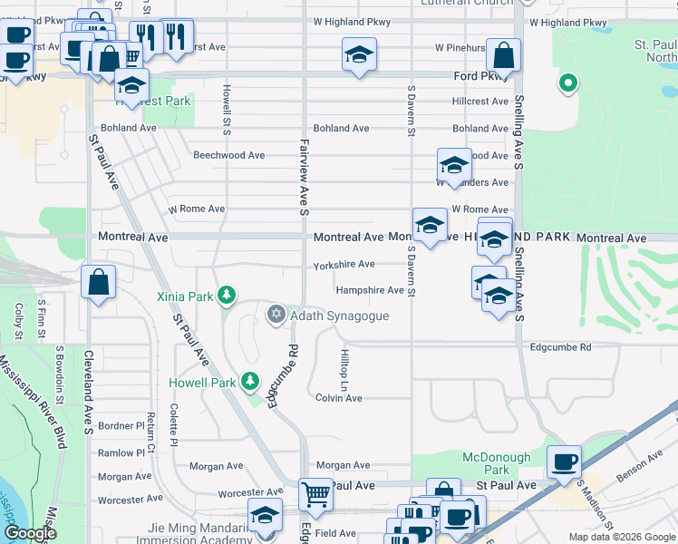 map of restaurants, bars, coffee shops, grocery stores, and more near 1807 Hampshire Avenue in Saint Paul