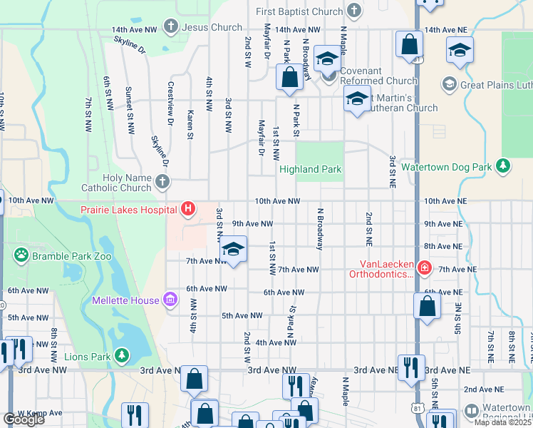 map of restaurants, bars, coffee shops, grocery stores, and more near 909 1st Street Northwest in Watertown