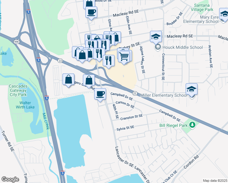 map of restaurants, bars, coffee shops, grocery stores, and more near 4043 Campbell Drive Southeast in Salem