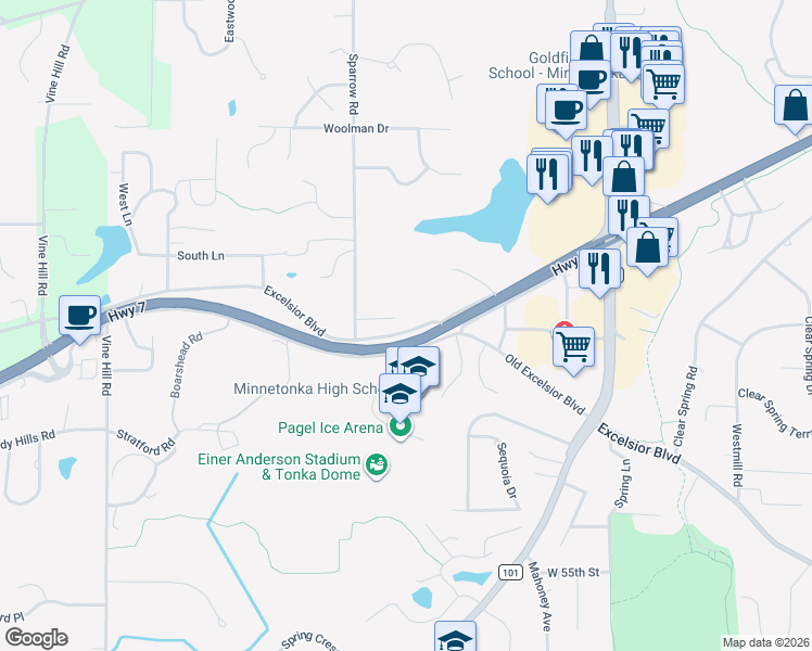 map of restaurants, bars, coffee shops, grocery stores, and more near 18208 Old Excelsior Boulevard in Minnetonka
