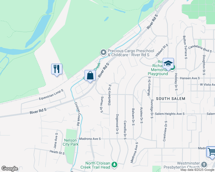 map of restaurants, bars, coffee shops, grocery stores, and more near 3125 Elderberry Drive South in Salem