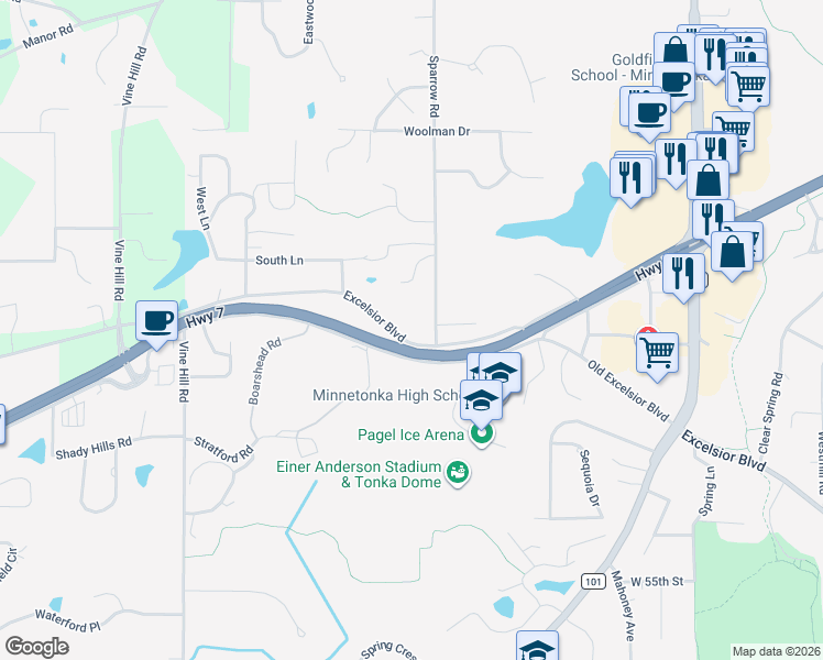 map of restaurants, bars, coffee shops, grocery stores, and more near 18420 Excelsior Boulevard in Minnetonka