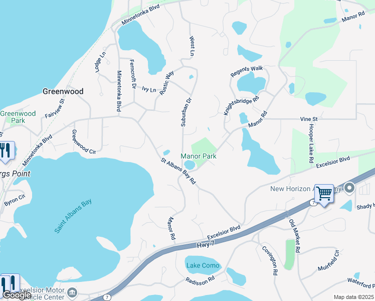 map of restaurants, bars, coffee shops, grocery stores, and more near 5105 Suburban Drive in Shorewood