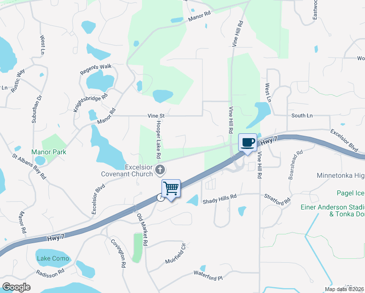 map of restaurants, bars, coffee shops, grocery stores, and more near 19640 Excelsior Boulevard in Excelsior