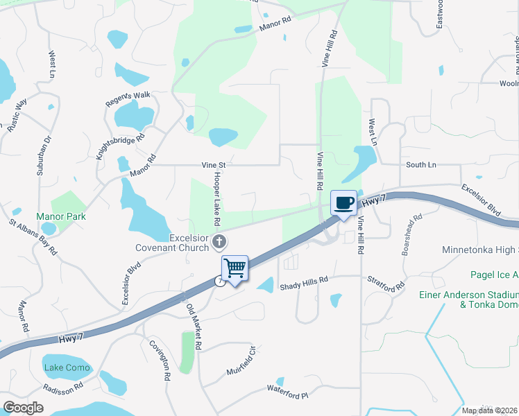 map of restaurants, bars, coffee shops, grocery stores, and more near 19640 Excelsior Boulevard in Excelsior