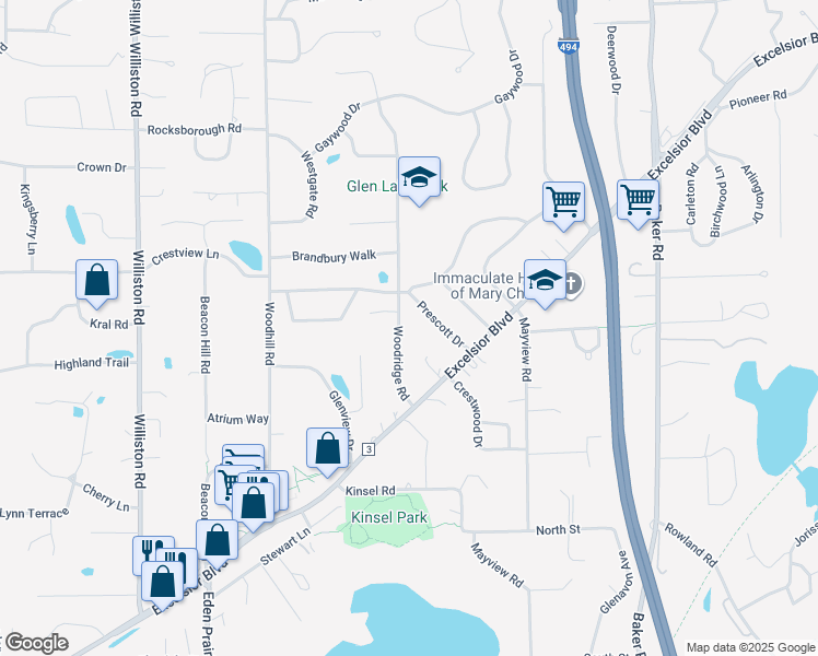 map of restaurants, bars, coffee shops, grocery stores, and more near 5101 Woodridge Road in Minnetonka