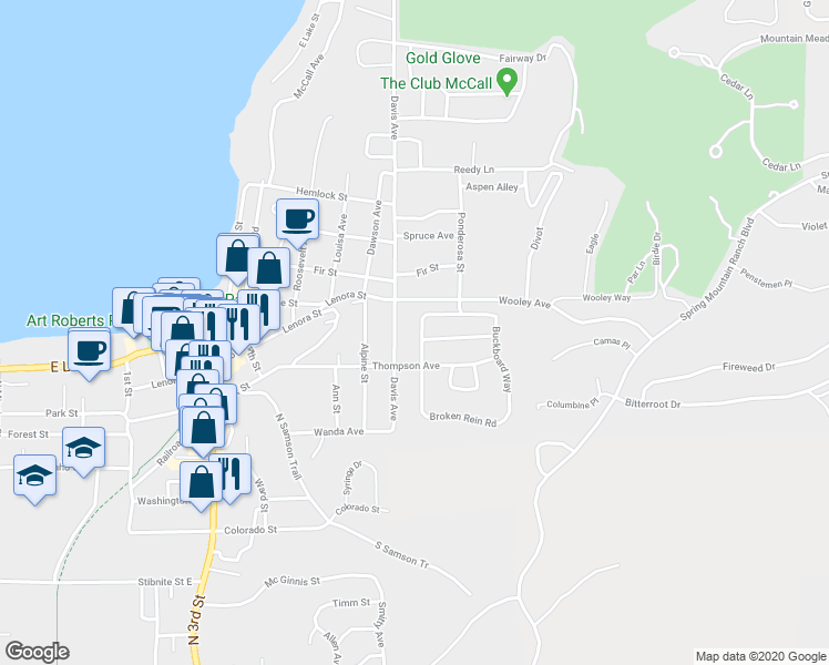 map of restaurants, bars, coffee shops, grocery stores, and more near 1106 Bay Colt Way in McCall
