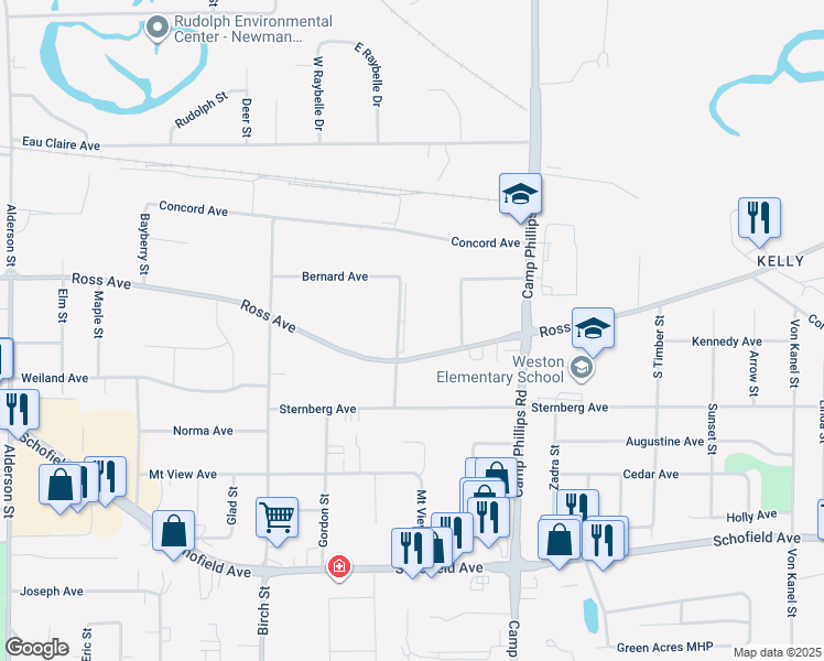 map of restaurants, bars, coffee shops, grocery stores, and more near 5011 Aspen Street in Schofield
