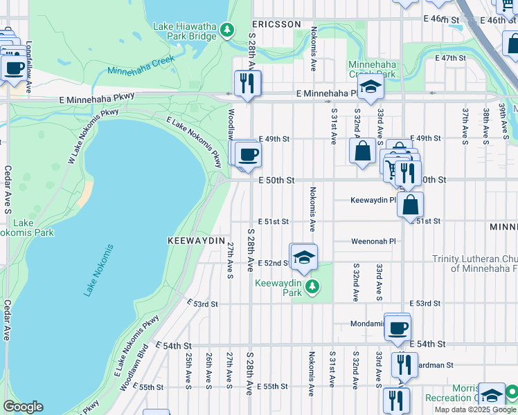 map of restaurants, bars, coffee shops, grocery stores, and more near 5030 South 28th Avenue in Minneapolis