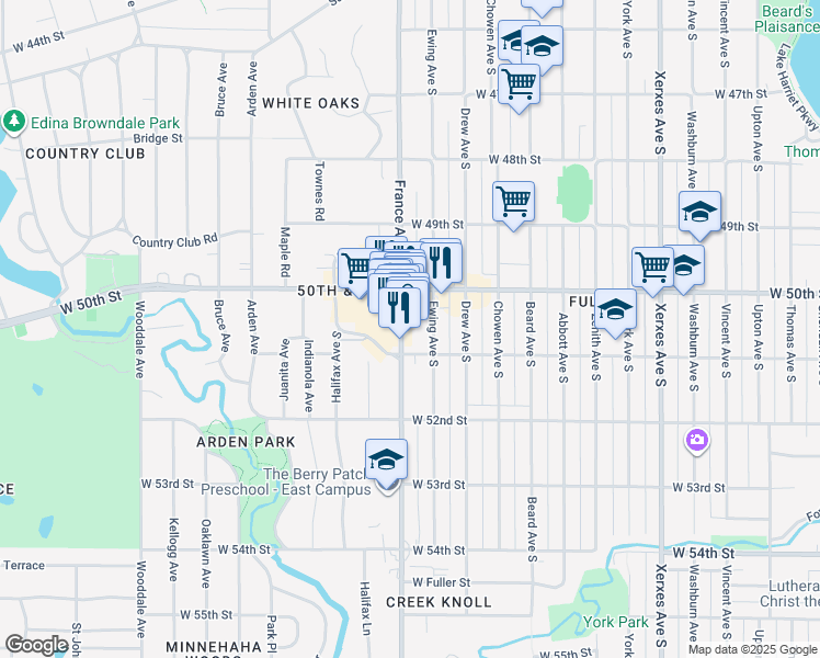 map of restaurants, bars, coffee shops, grocery stores, and more near 5037 France Avenue South in Minneapolis