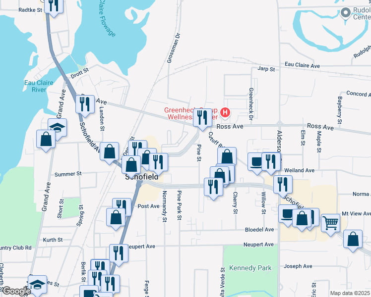 map of restaurants, bars, coffee shops, grocery stores, and more near 1408 Metro Drive in Schofield
