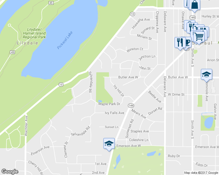 map of restaurants, bars, coffee shops, grocery stores, and more near 1101 Ivy Hill Drive in Mendota Heights