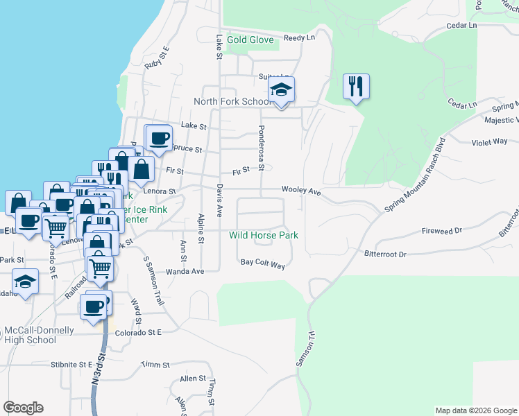 map of restaurants, bars, coffee shops, grocery stores, and more near 707 Saddlehorn Lane in McCall