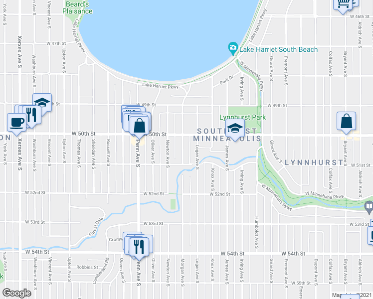 map of restaurants, bars, coffee shops, grocery stores, and more near 5029 Morgan Avenue South in Minneapolis