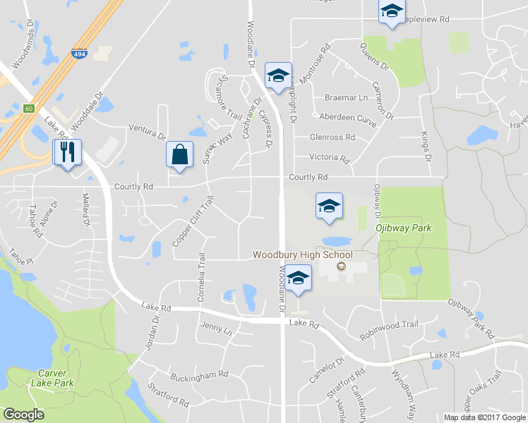 map of restaurants, bars, coffee shops, grocery stores, and more near 6970 Carlyle Road in Woodbury