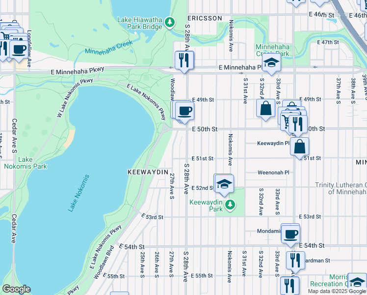 map of restaurants, bars, coffee shops, grocery stores, and more near 5030 South 28th Avenue in Minneapolis
