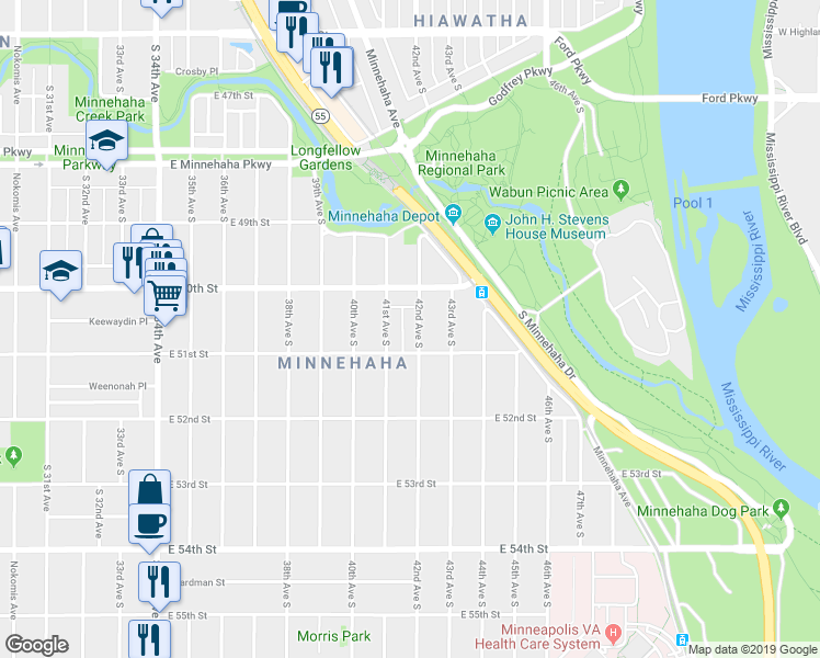 map of restaurants, bars, coffee shops, grocery stores, and more near 5032 42nd Avenue South in Minneapolis