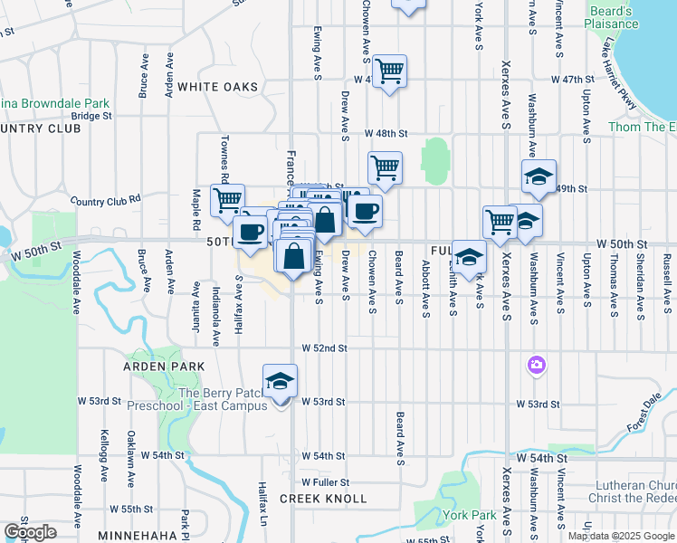 map of restaurants, bars, coffee shops, grocery stores, and more near 5034 Drew Avenue South in Minneapolis
