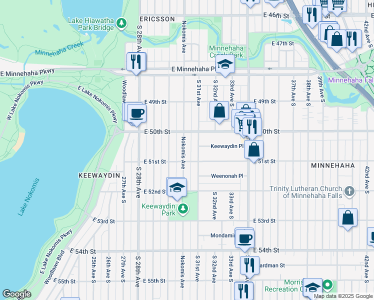 map of restaurants, bars, coffee shops, grocery stores, and more near 5035 Nokomis Avenue in Minneapolis