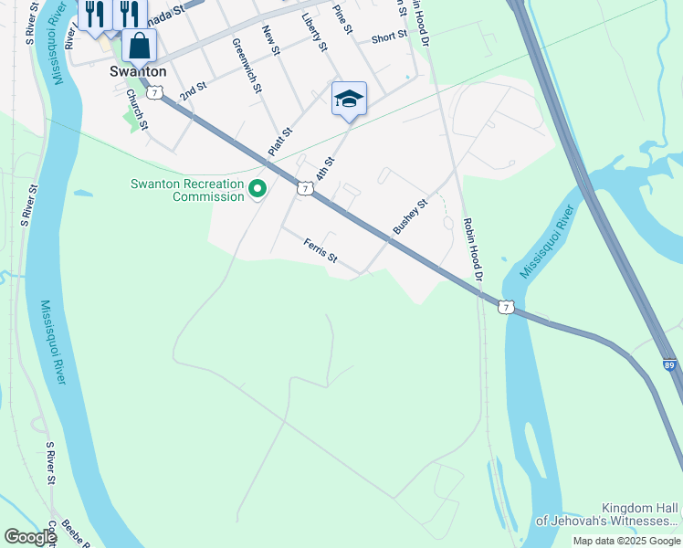 map of restaurants, bars, coffee shops, grocery stores, and more near 30 Ferris Street in Swanton