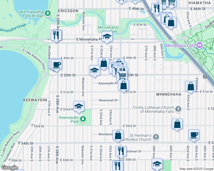 map of restaurants, bars, coffee shops, grocery stores, and more near 3211 Keewaydin Place in Minneapolis