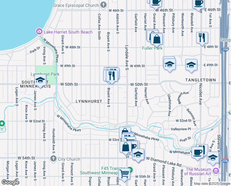 map of restaurants, bars, coffee shops, grocery stores, and more near 5025 Aldrich Avenue South in Minneapolis