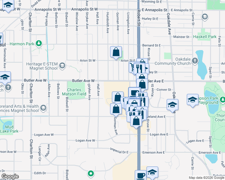 map of restaurants, bars, coffee shops, grocery stores, and more near 50 Signal Hills Center in West Saint Paul