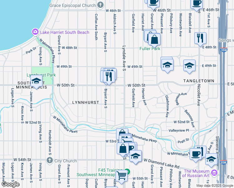 map of restaurants, bars, coffee shops, grocery stores, and more near 5025 Aldrich Avenue South in Minneapolis