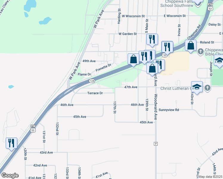 map of restaurants, bars, coffee shops, grocery stores, and more near 406 Terrace Drive in Chippewa Falls