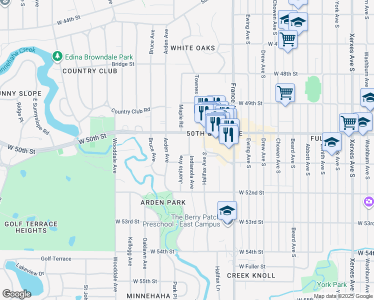 map of restaurants, bars, coffee shops, grocery stores, and more near 5028 Indianola Avenue in Edina