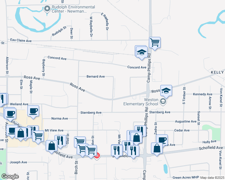 map of restaurants, bars, coffee shops, grocery stores, and more near 5011 Aspen Street in Schofield