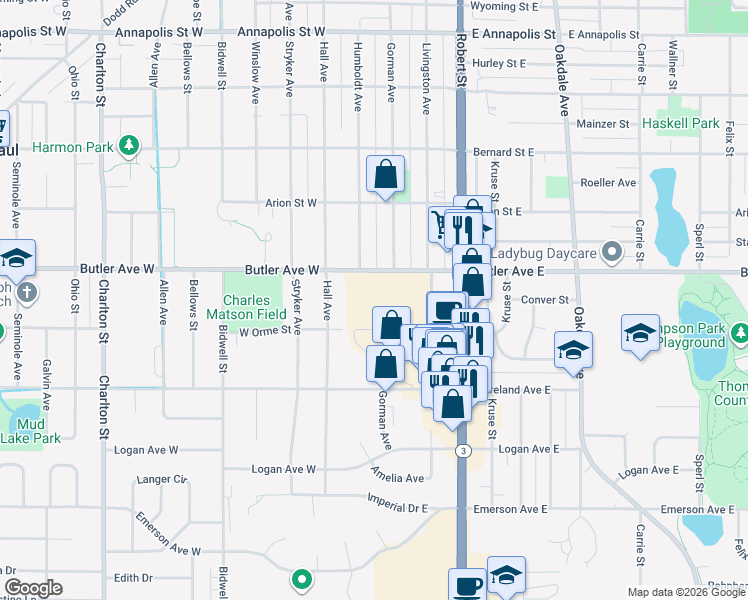 map of restaurants, bars, coffee shops, grocery stores, and more near 50 Signal Hills Center in West Saint Paul