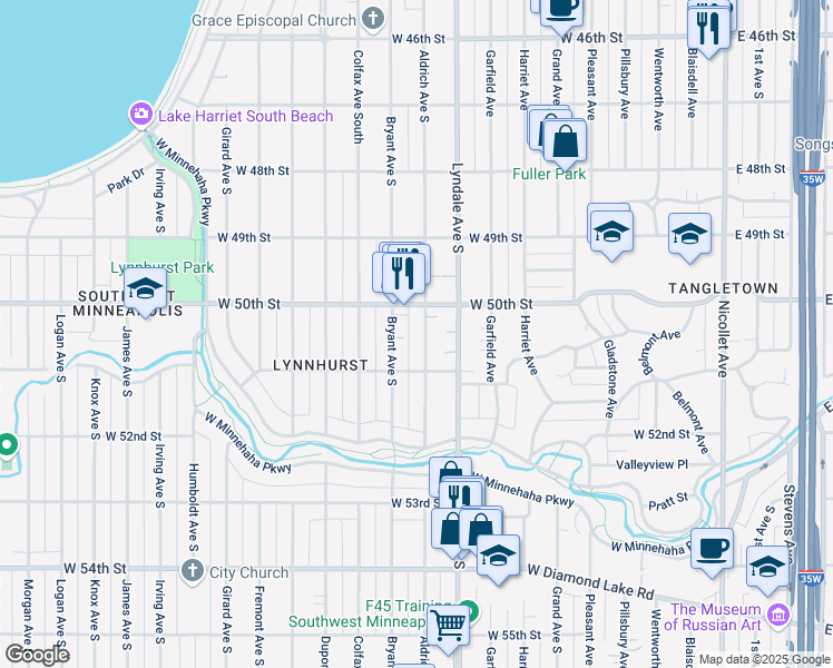 map of restaurants, bars, coffee shops, grocery stores, and more near 5025 Aldrich Avenue South in Minneapolis