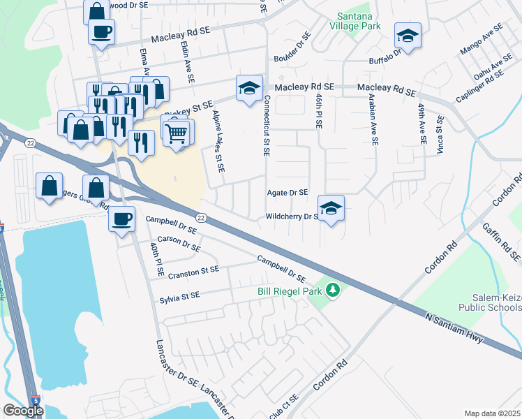map of restaurants, bars, coffee shops, grocery stores, and more near 1528 Eagle Cap Street Southeast in Salem