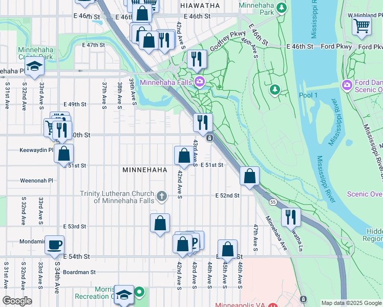 map of restaurants, bars, coffee shops, grocery stores, and more near 5030 43rd Avenue South in Minneapolis