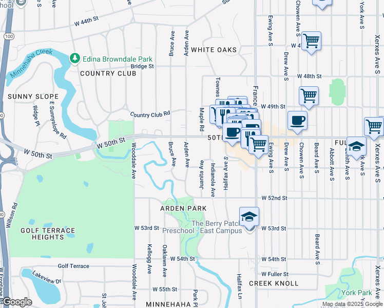 map of restaurants, bars, coffee shops, grocery stores, and more near 5011 Arden Avenue in Minneapolis
