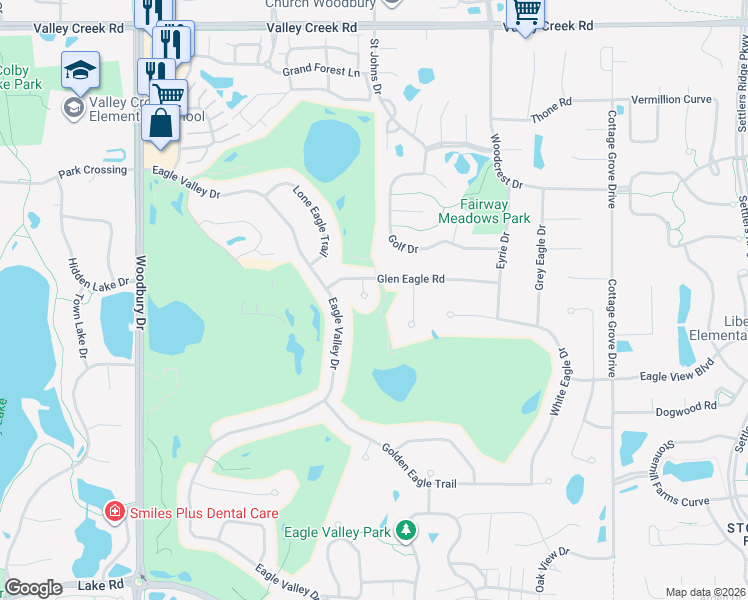 map of restaurants, bars, coffee shops, grocery stores, and more near 10455 Glen Eagle Circle in Woodbury