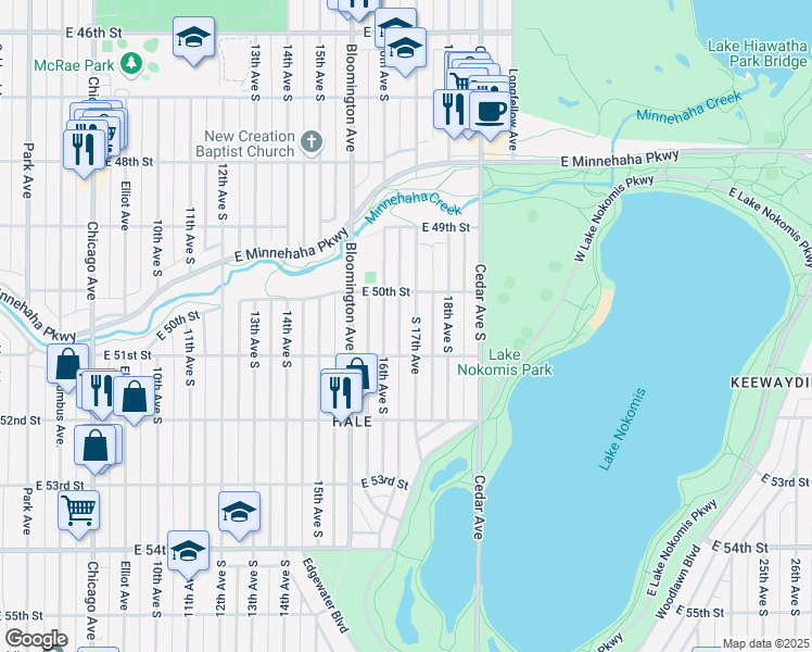 map of restaurants, bars, coffee shops, grocery stores, and more near 5028 South 17th Avenue in Minneapolis