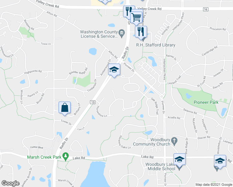 map of restaurants, bars, coffee shops, grocery stores, and more near 8436 Timberwood Court in Woodbury