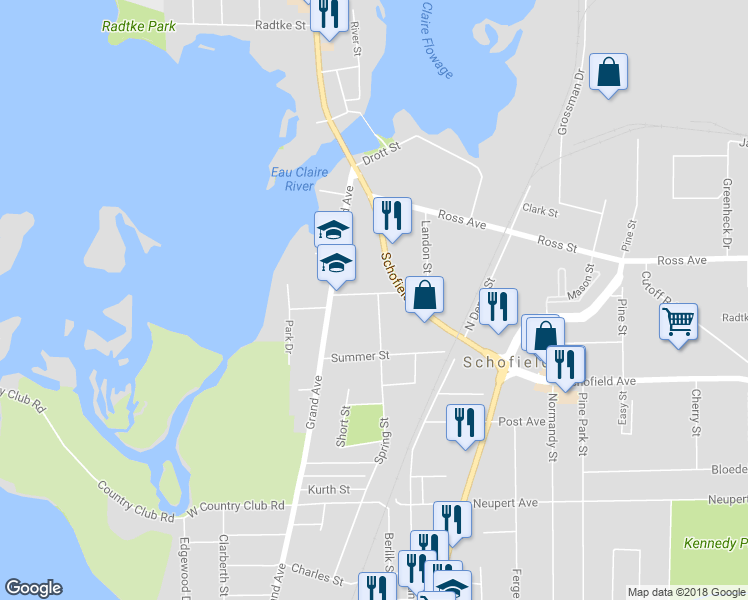 map of restaurants, bars, coffee shops, grocery stores, and more near 1400 Spring Street in Schofield