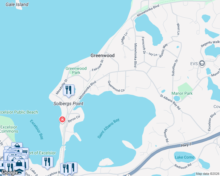 map of restaurants, bars, coffee shops, grocery stores, and more near 5195 Greenwood Circle in Greenwood